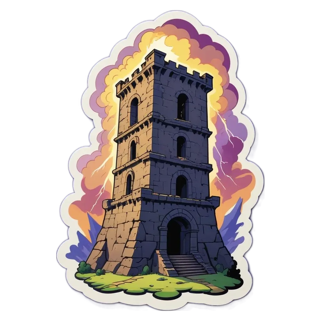 A sticker of a stone tower with the words "this is an image of a tower" removed.