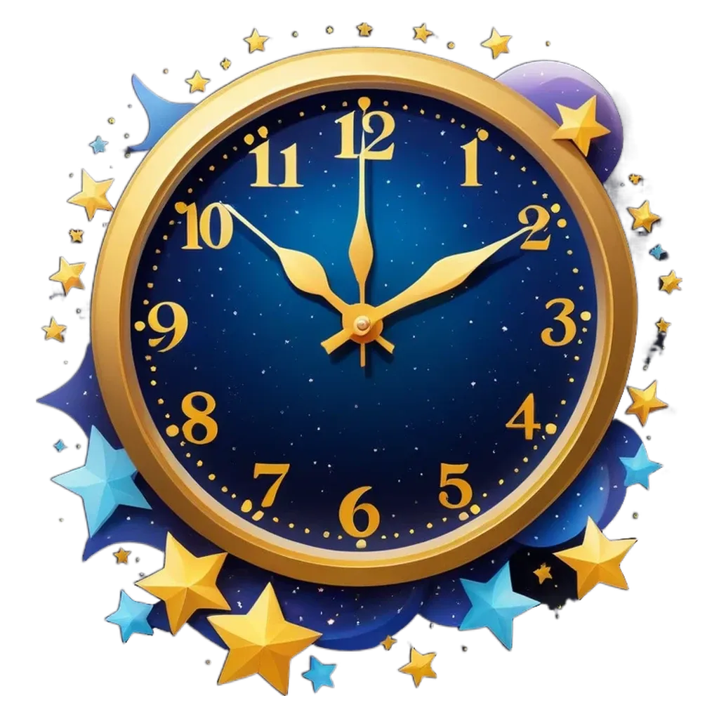 A clock with the time of 11:11 is surrounded by stars.