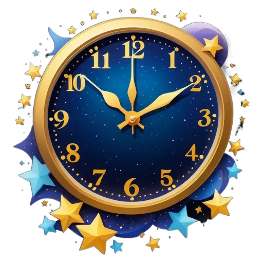 A clock with the time of 11:11 is surrounded by stars.