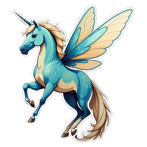 A unicorn with blue mane and blue wings with yellow spots on the wings.