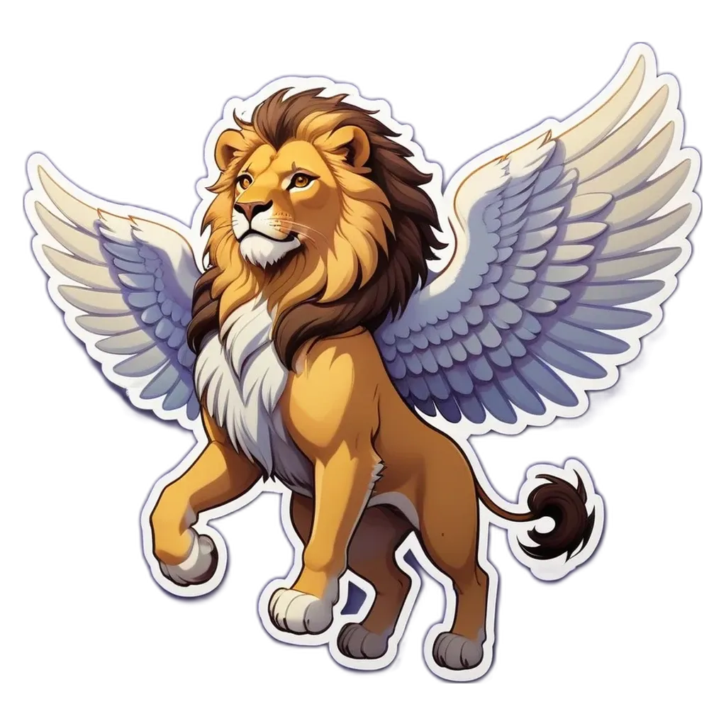 A sticker of a lion with wings that is on a black background.