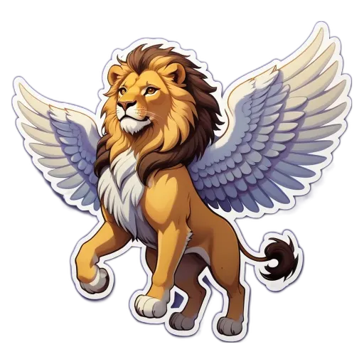 A sticker of a lion with wings that is on a black background.