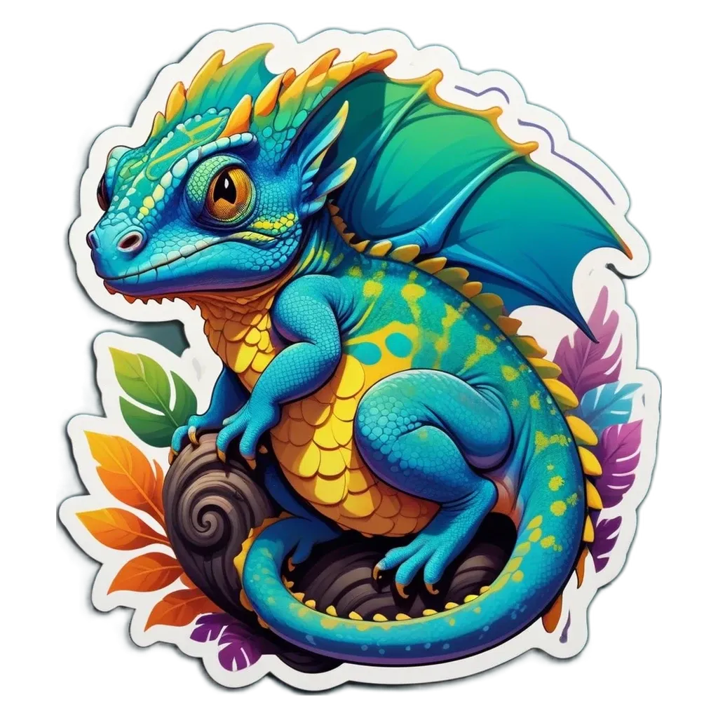 A dragon sticker that is blue and yellow.