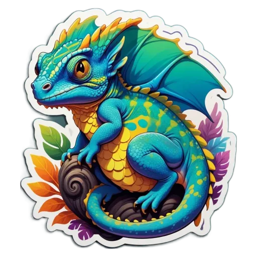 A dragon sticker that is blue and yellow.