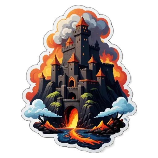 A sticker of a burning castle with a body of water behind it.