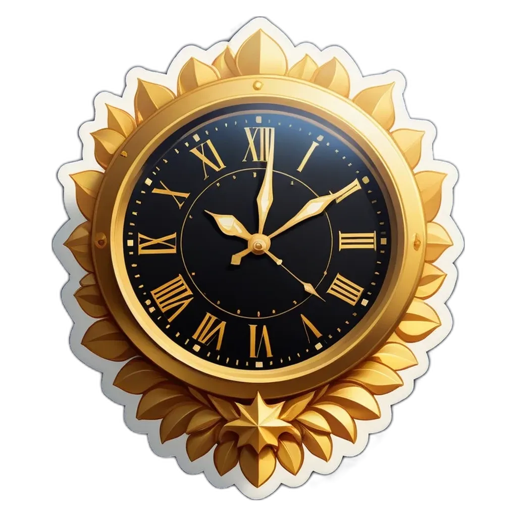 A gold clock with roman numerals from I to XII sitting on a black background.