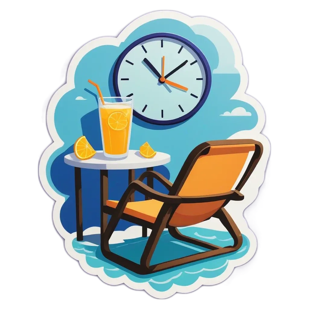 A cartoon depiction of a lounge chair and a table with a drink and a clock.