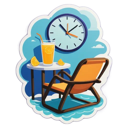 A cartoon depiction of a lounge chair and a table with a drink and a clock.