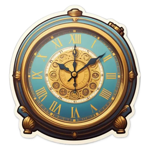 A clock that is colorful with roman numerals all over it.