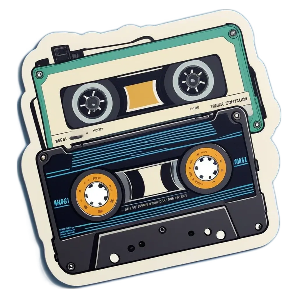 A retro audio cassett style sticker with black and blue with yellow in white.