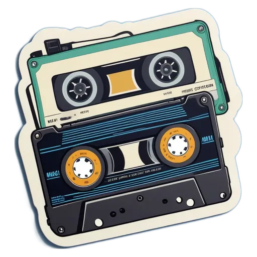 A retro audio cassett style sticker with black and blue with yellow in white.