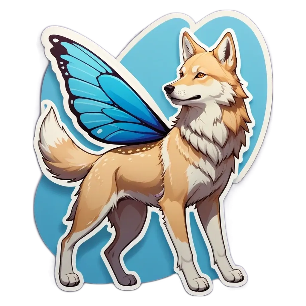 A cartoon picture of a dog with a butterfly wing.