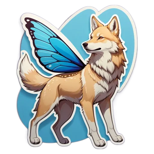 A cartoon picture of a dog with a butterfly wing.