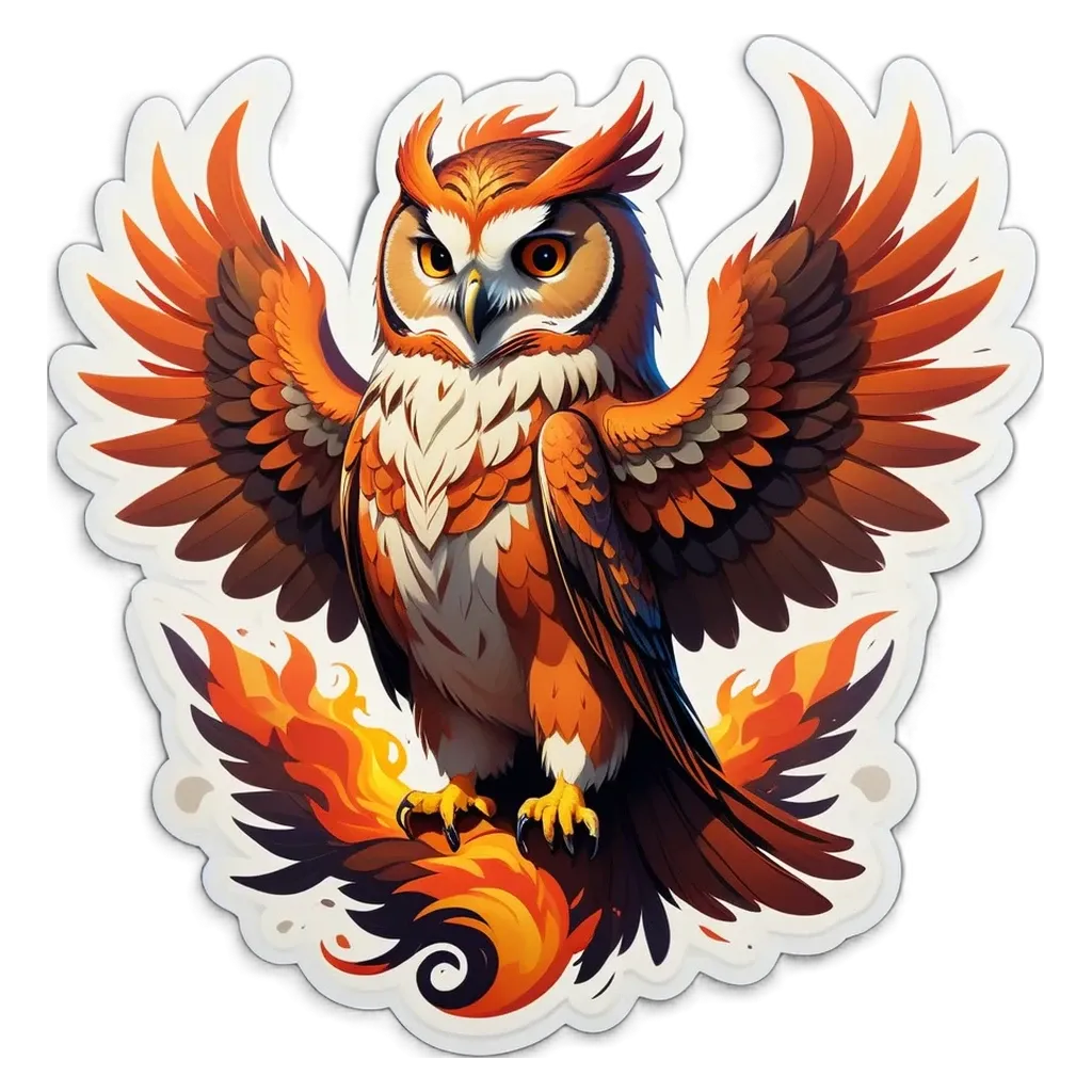 A sticker of an owl with orange and white feathers and a black background.