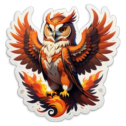 A sticker of an owl with orange and white feathers and a black background.