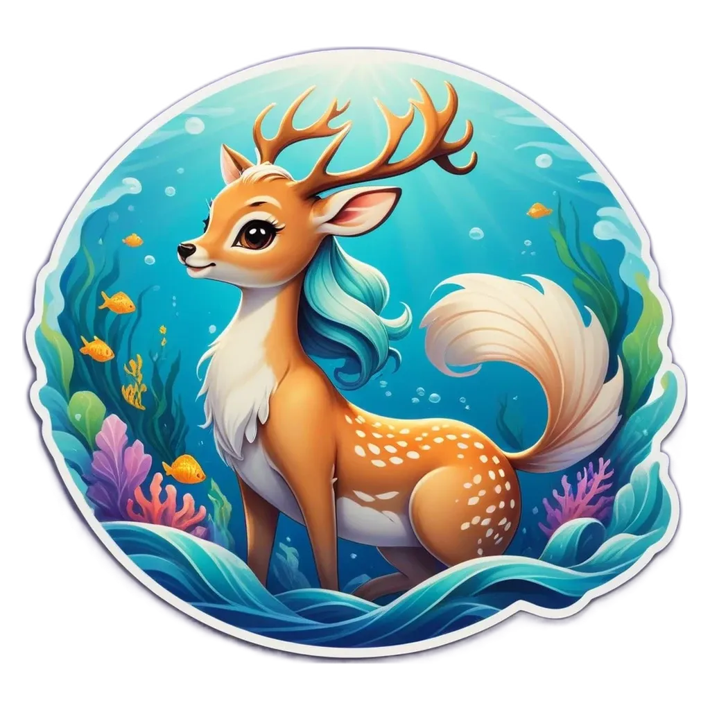 A sticker of a deer in the ocean with fish.