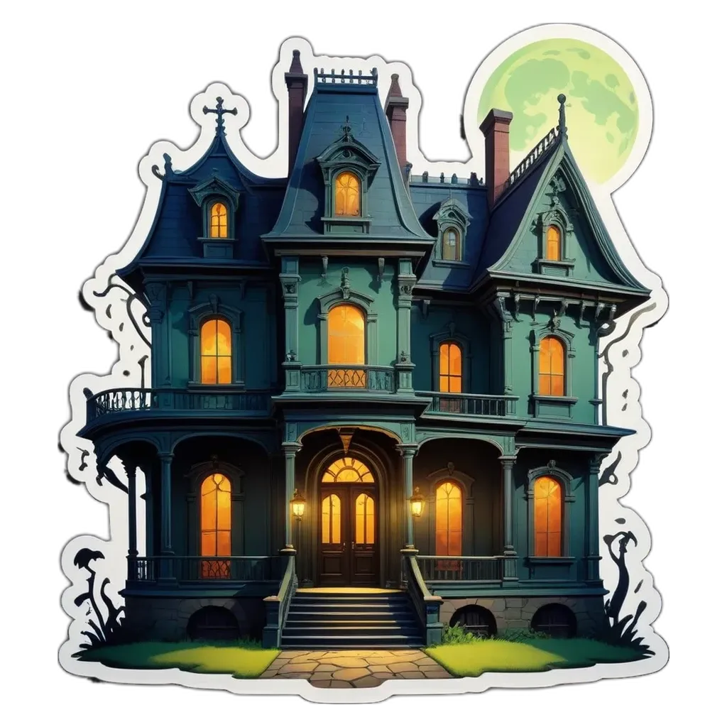 A sticker of a mansion with a full moon in the background.