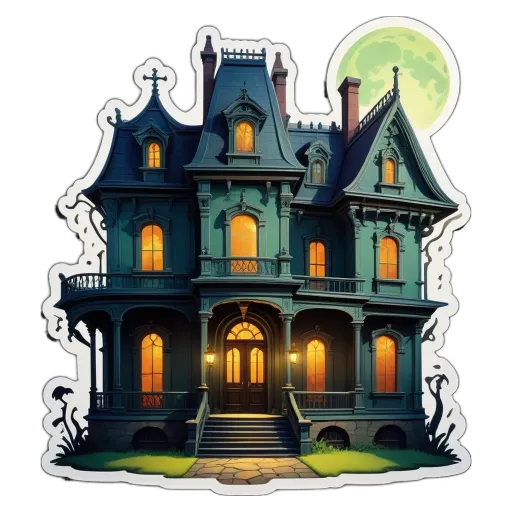 A sticker of a mansion with a full moon in the background.