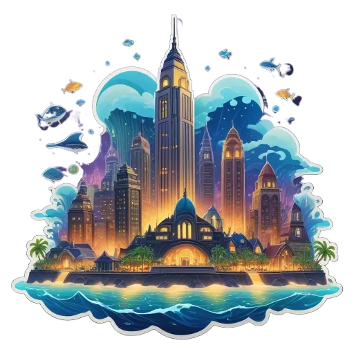 A colorful picture of a city with a large building in the center.