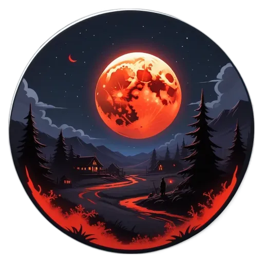 A round logo with a red moon and a house with a stream of blood flowing through it.