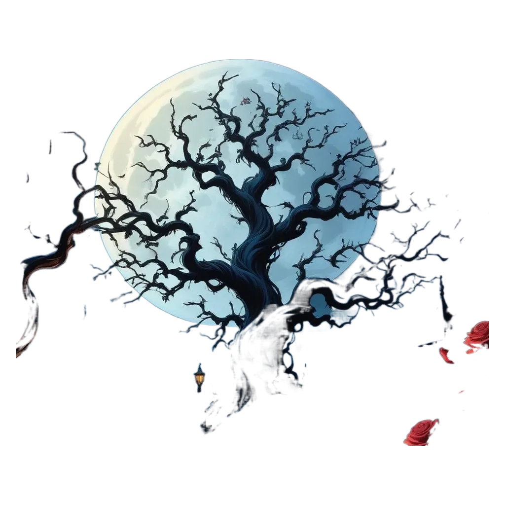 A full moon surrounded by darkness with a tree in the middle.