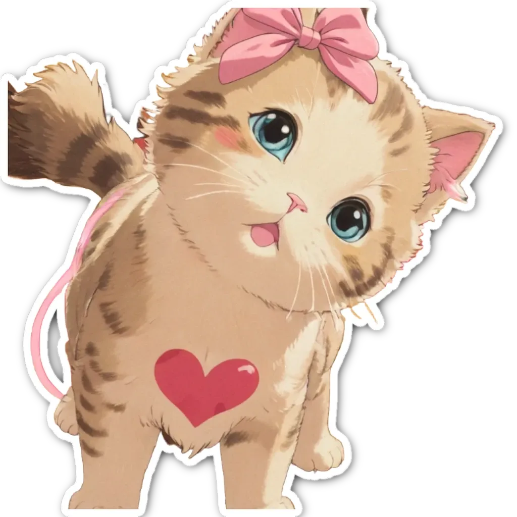 A cat with a heart sticker is looking at the camera.