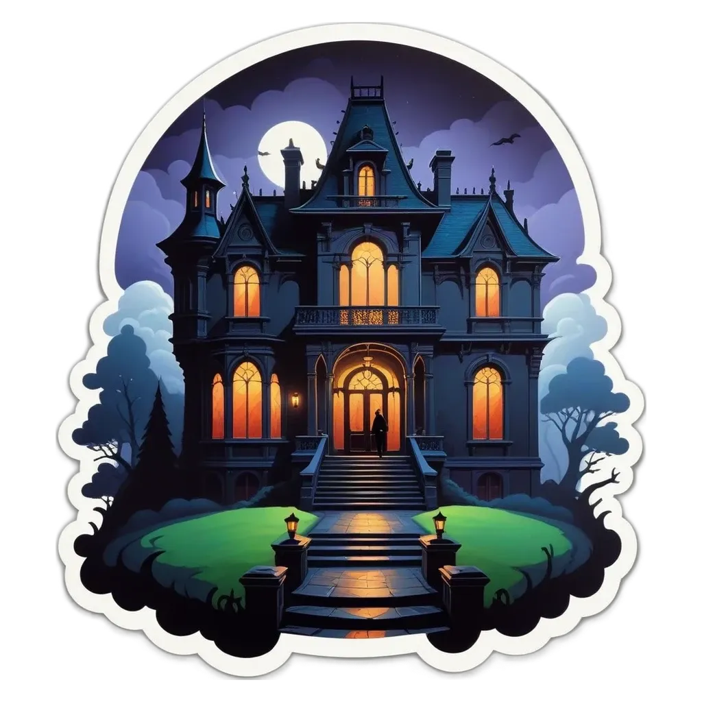 A sticker of a house with a figure on it that is on a black background.