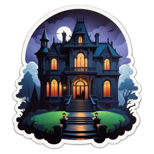 A sticker of a house with a figure on it that is on a black background.