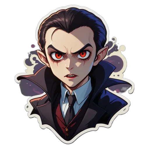 A boy with red eyes and a scary face sticker.