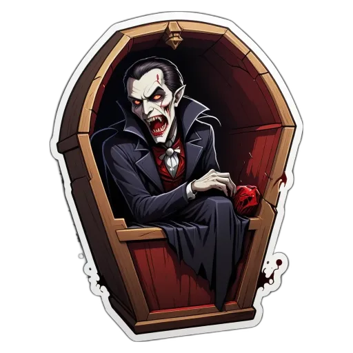 A Dracula sticker is in a wooden box with a red apple.