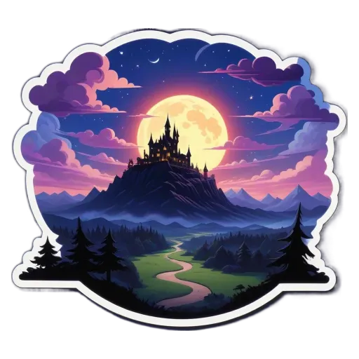 A landscape with a full moon and a castle in the background.