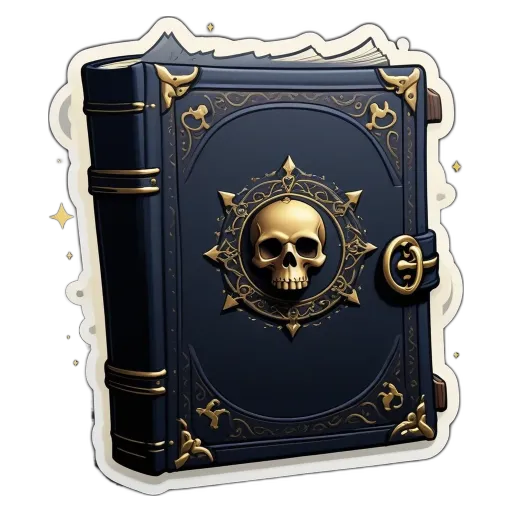 A black book with a skull on the cover is on a black background.