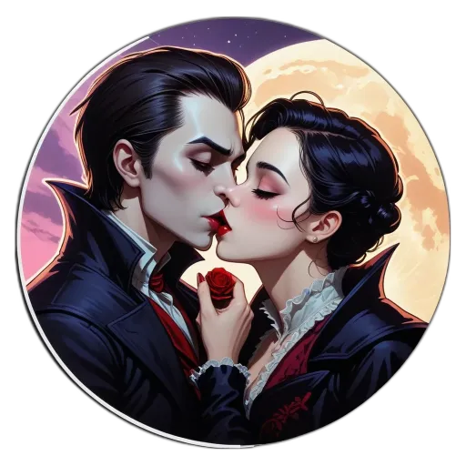 A couple in a vampire romance series, kissing on the moon.