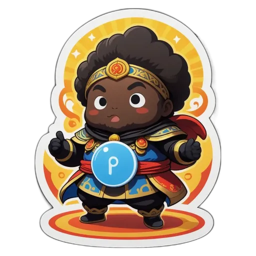 A black and yellow cartoon character with a blue circle on his head with the letter p on his chest.