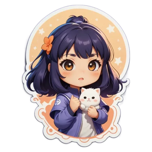 A girl holding a cat in a circle sticker.