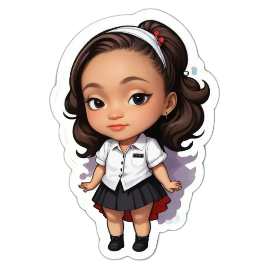 A girl with a white shirt and black skirt who is wearing a red bow in her hair.