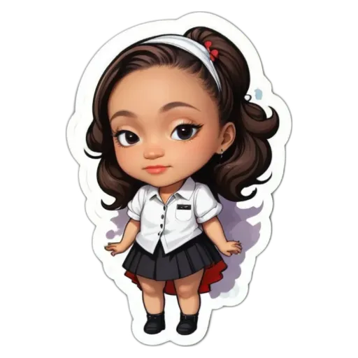 A girl with a white shirt and black skirt who is wearing a red bow in her hair.