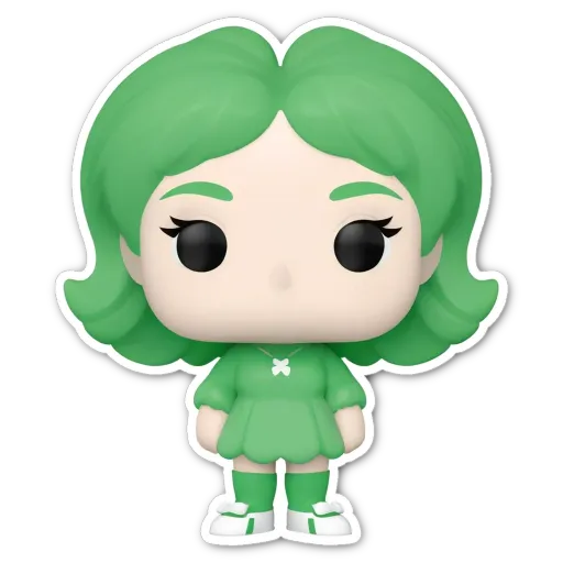 A green colored figure with a bow on her head.