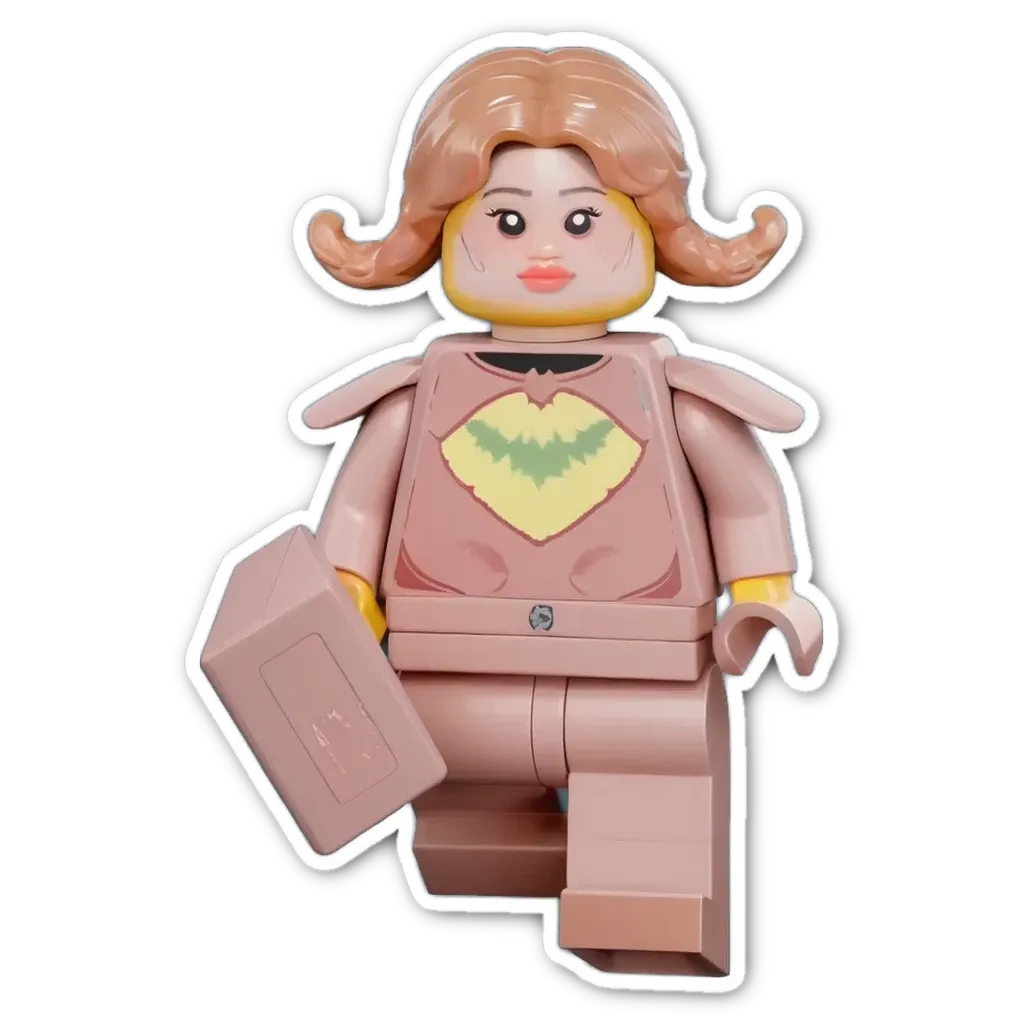 A pink lego person holding a suitcase.