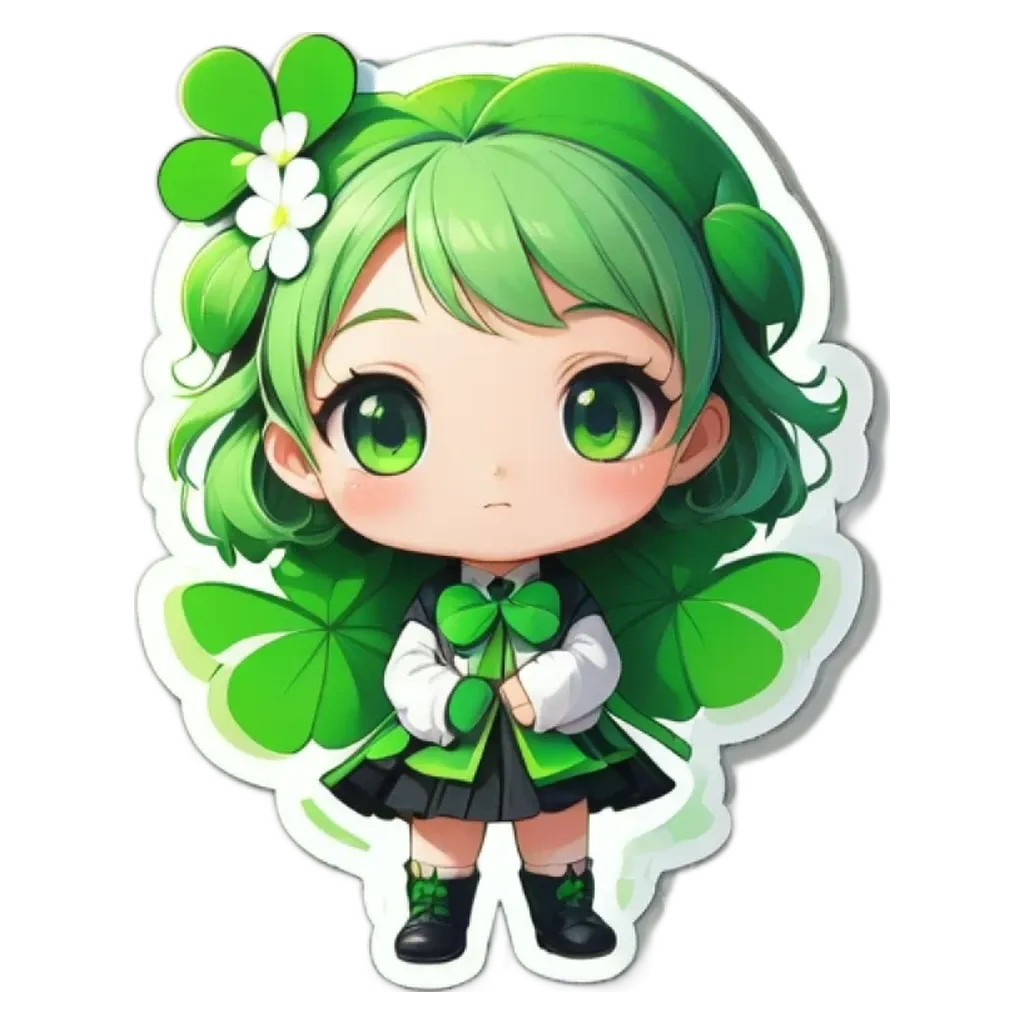 A girl with green hair and a green dress with a white bow on it.