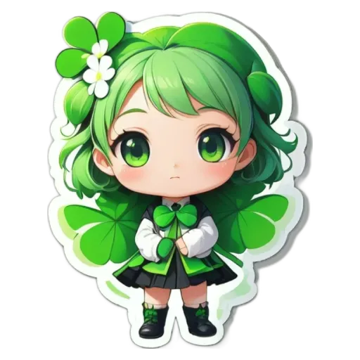 A girl with green hair and a green dress with a white bow on it.