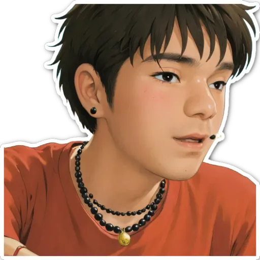 A boy with black and gold colored beads around his neck is wearing a red shirt.