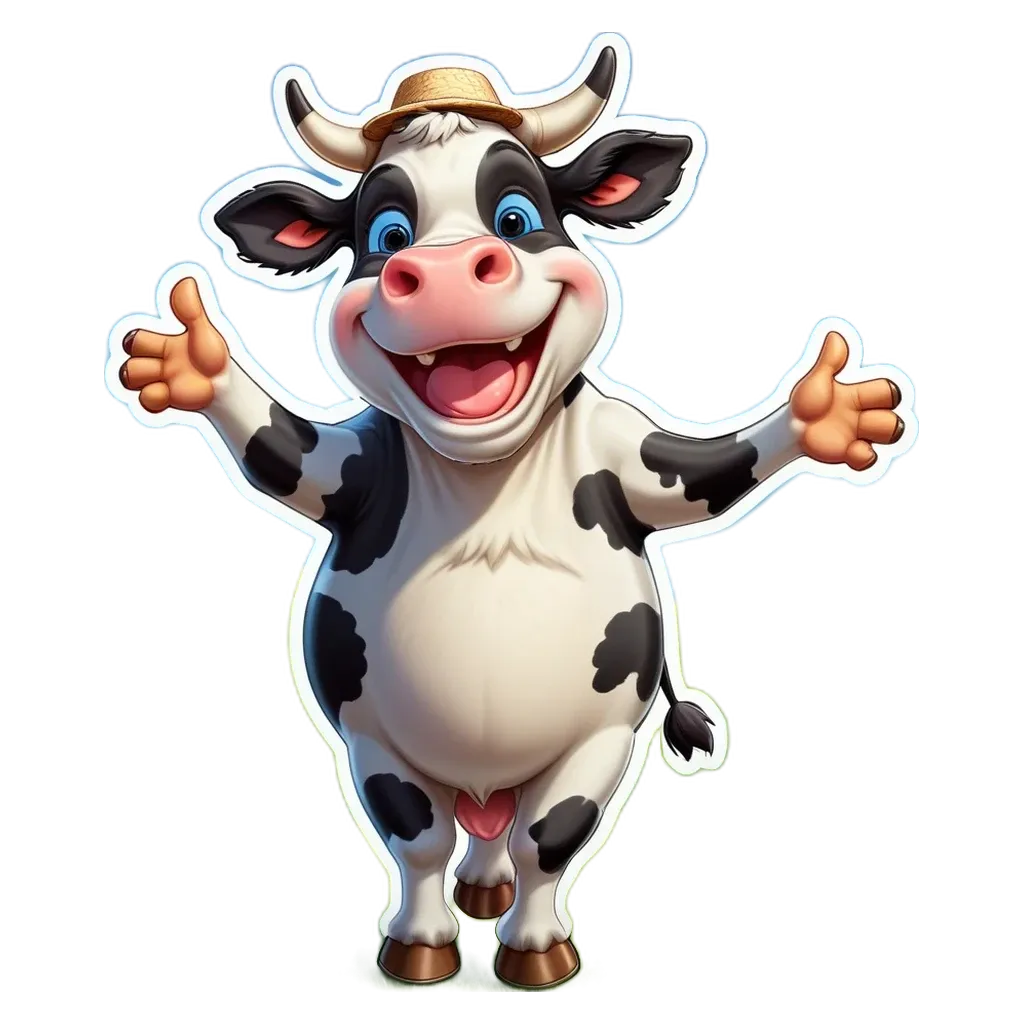 A cartoon cow with a hat on its head.