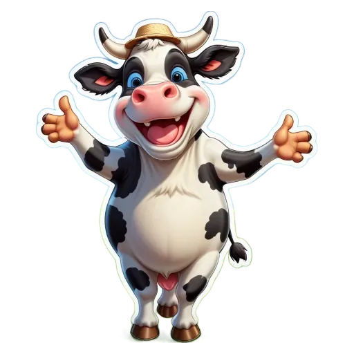 A cartoon cow with a hat on its head.