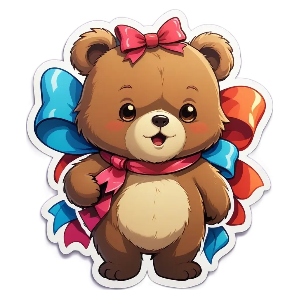 A teddy bear with a red, blue and white bow on its neck standing on a black background.