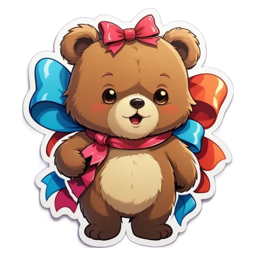 A teddy bear with a red, blue and white bow on its neck standing on a black background.