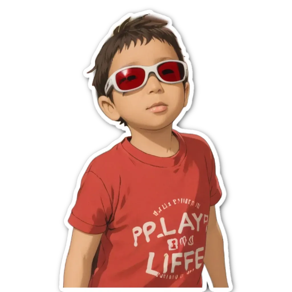 A boy wearing red tshirt and red sunglasses.