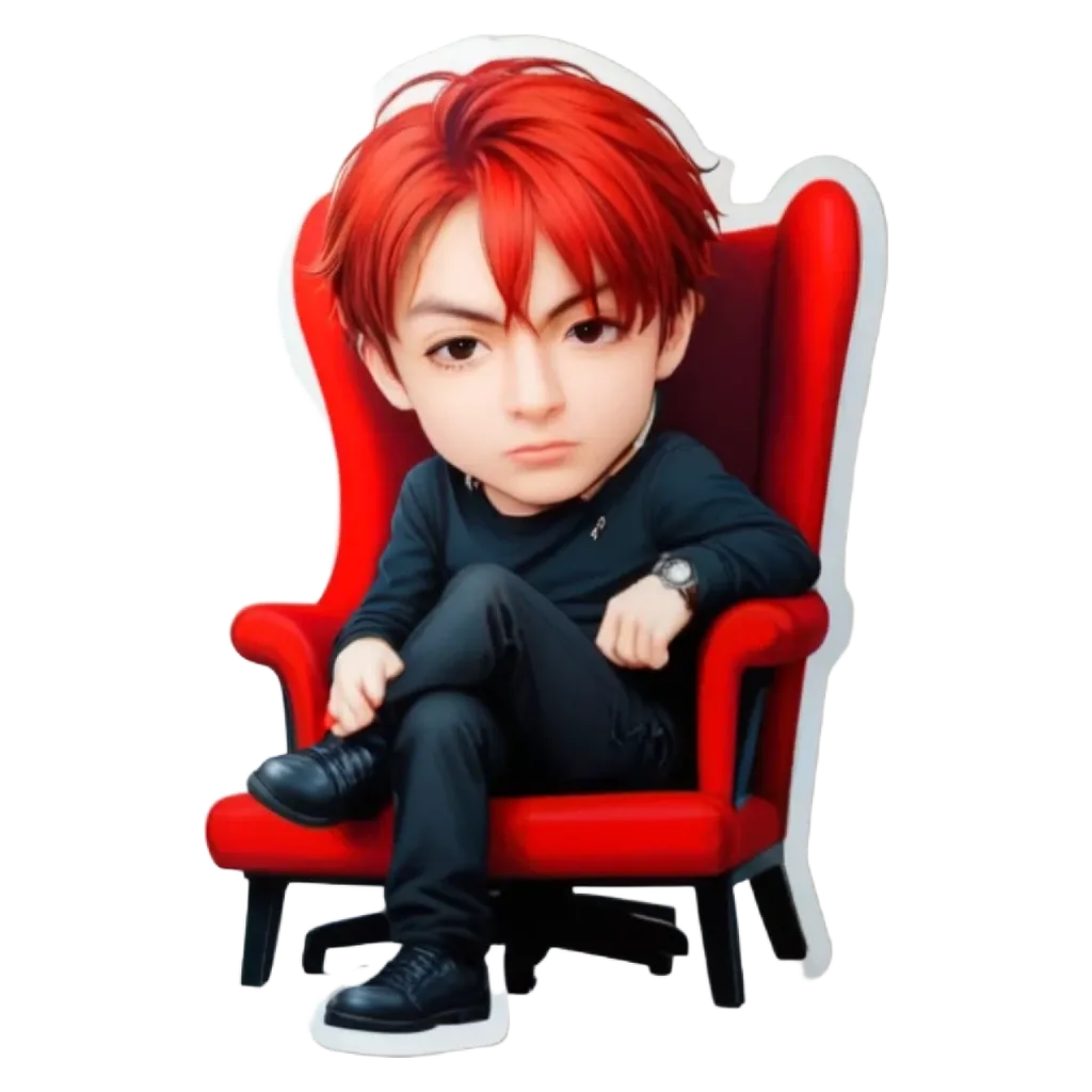 an anime character sitting in a red chair.