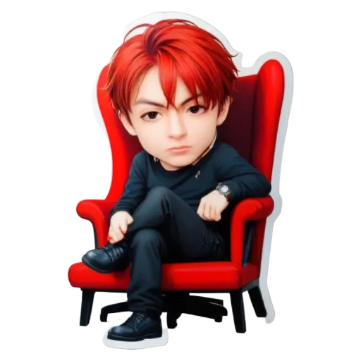 an anime character sitting in a red chair.