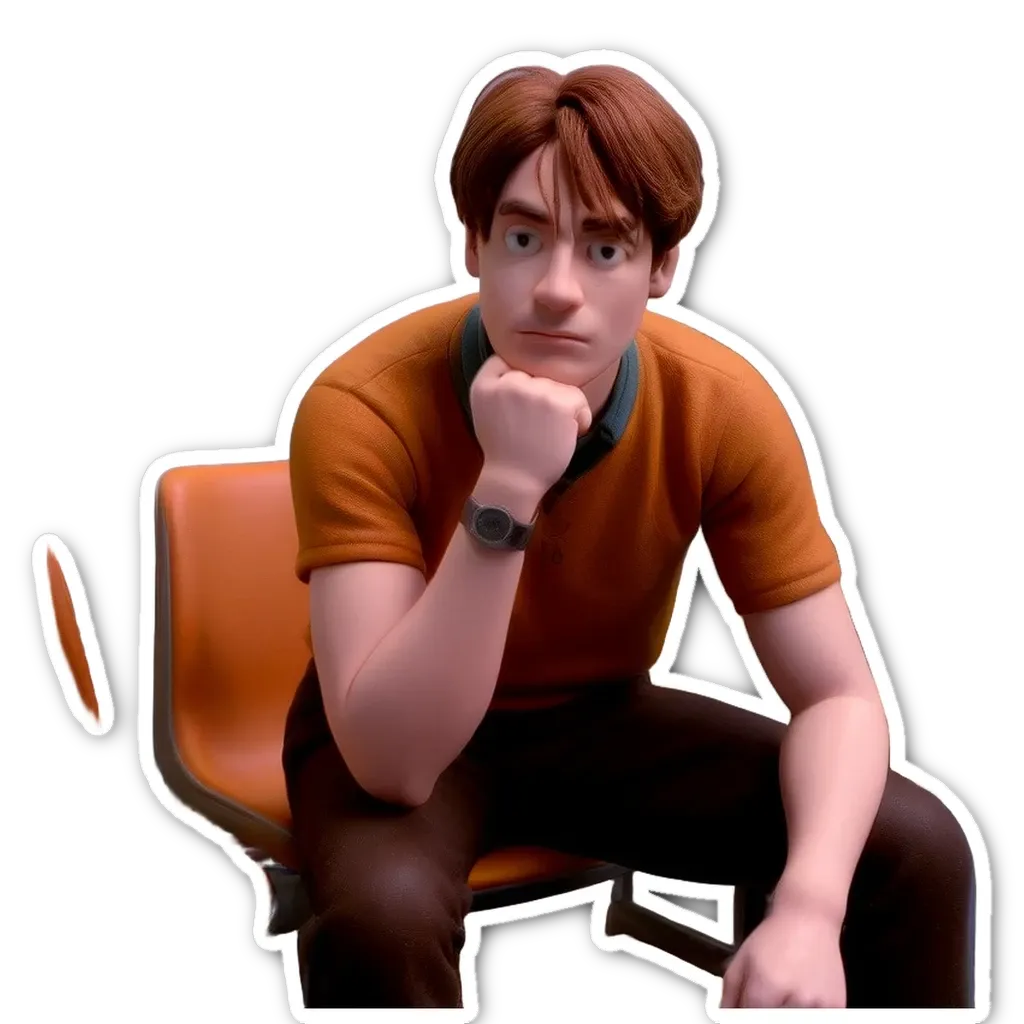 A boy is sitting in an orange chair with his hands on his chin.